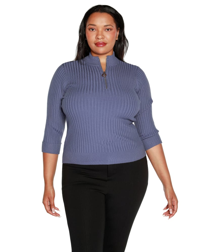 Front of a model wearing a size 1X Ribbed Quarter-Zip Sweater in Indigo Coast by Belldini Black Label. | dia_product_style_image_id:304722